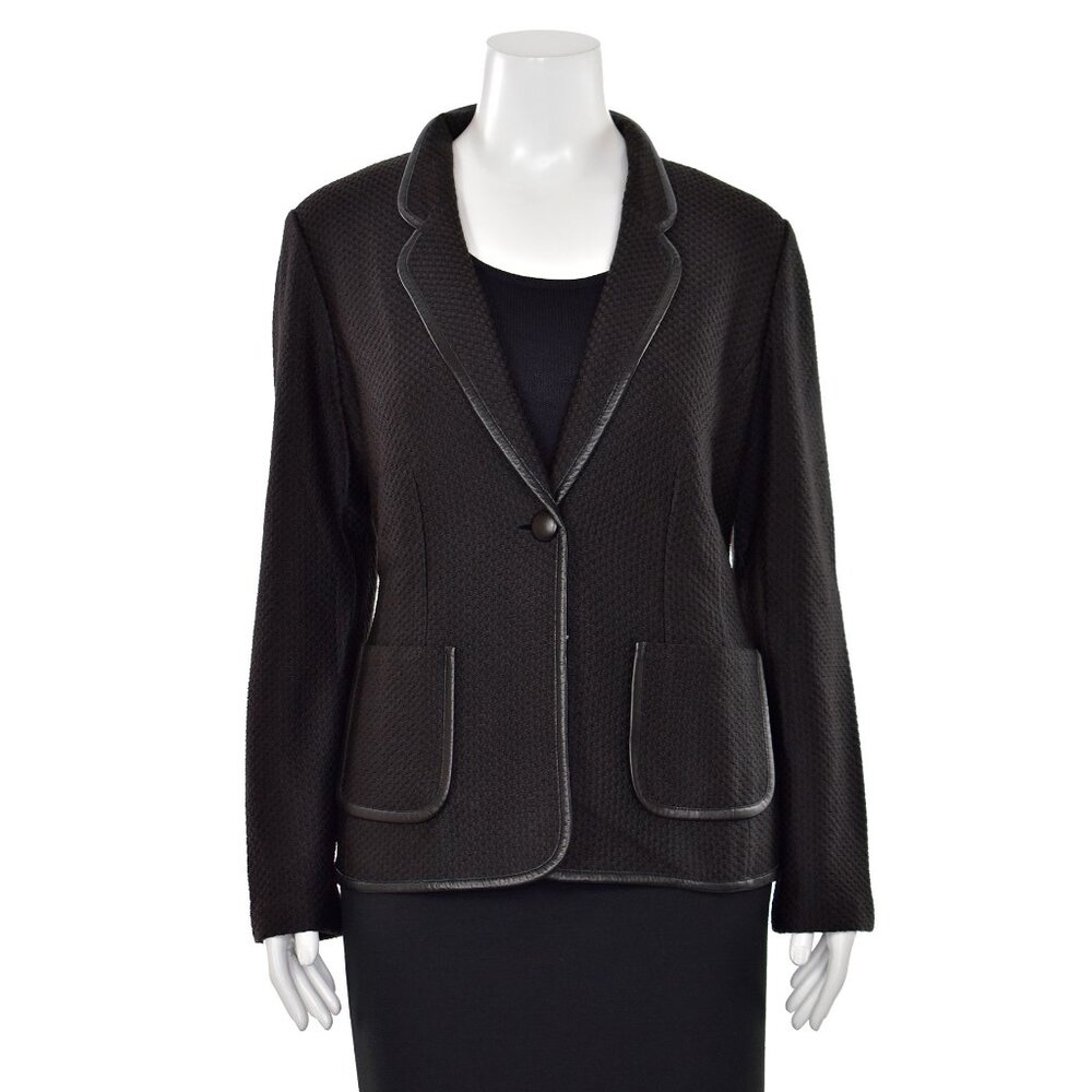 St. John Knits Leather Trimmed Wool Jacket / Blazer in Dark Brown / Black sz 16